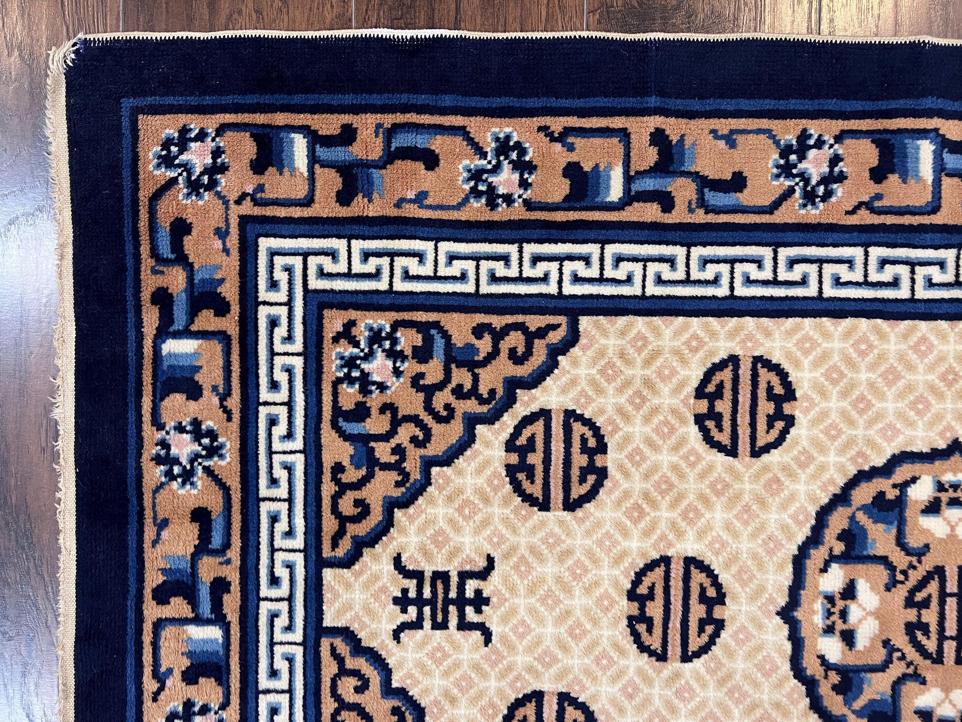 Chinese Peking Rug 3x5, Antique Chinese Art Deco Carpet, Blue Ivory Tan, Hand Knotted Wool Asian Oriental Rug 3 x 5 Vintage Small Peking Rug - Nuvé