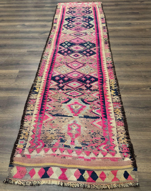 Turkish Runner Rug 3x10, Pink and Navy Blue, Bohemian Runner for Hallway or Kitchen, Vintage, Geometric, Tribal - Nuvé