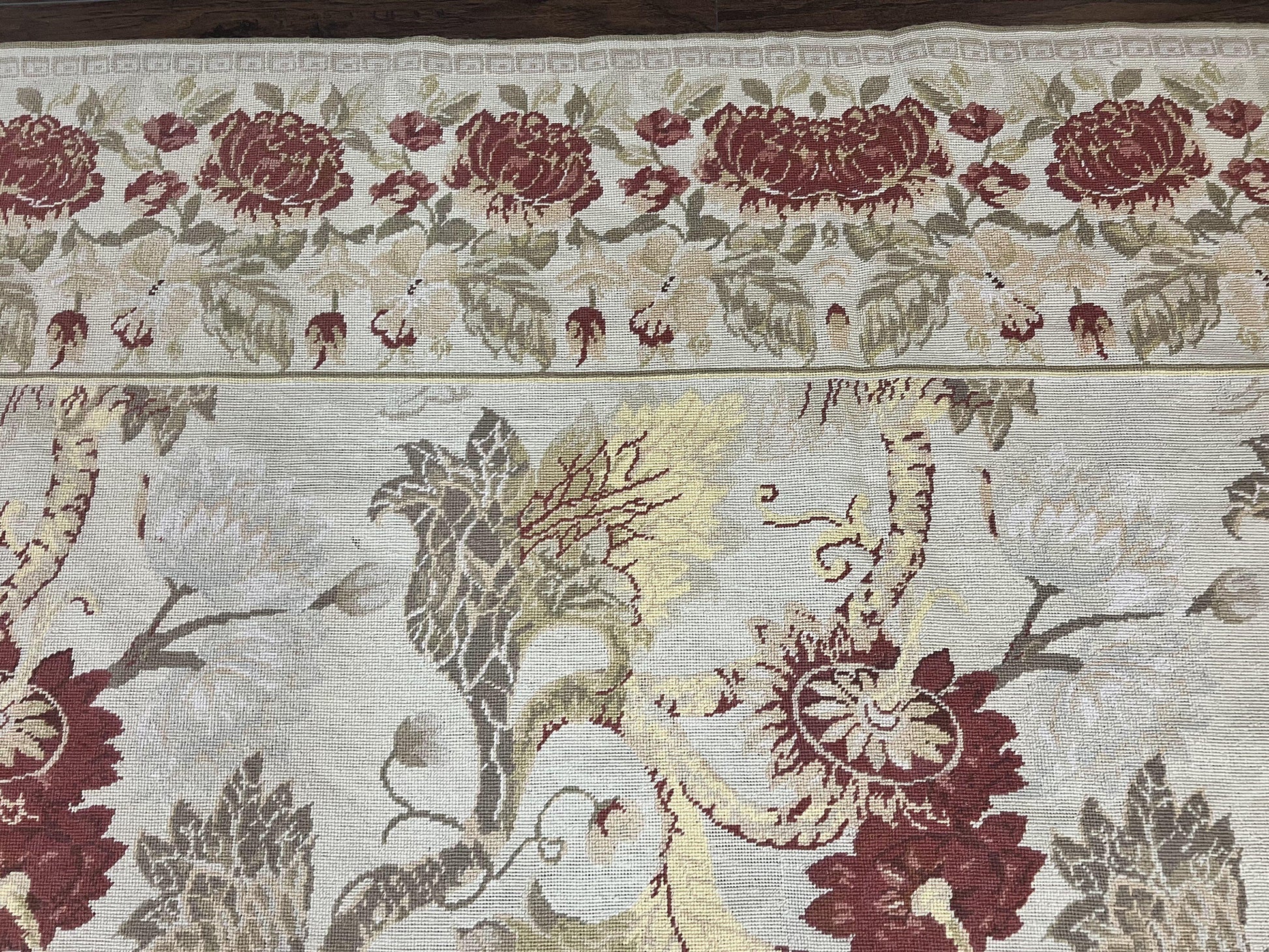 Extra Large Needlepoint Rug 14 x 20, Vintage Handwoven Handmade Wool Flatweave Carpet, Allover Floral Pattern, Elegant European Deisgn Rug - Nuvé