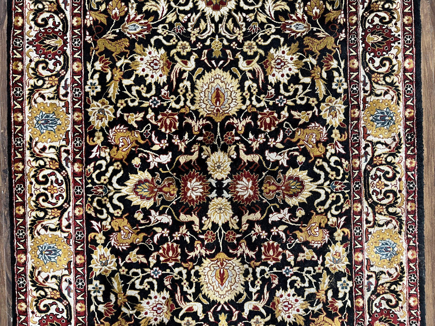 Sino Persian Silk Rug 3x5 Oriental Carpet 3 x 5 Fine Silk Rug, Black Ivory Gold, Animal Motifs, Flowers, High Quality, Vintage Silk Rug Wow - Nuvé