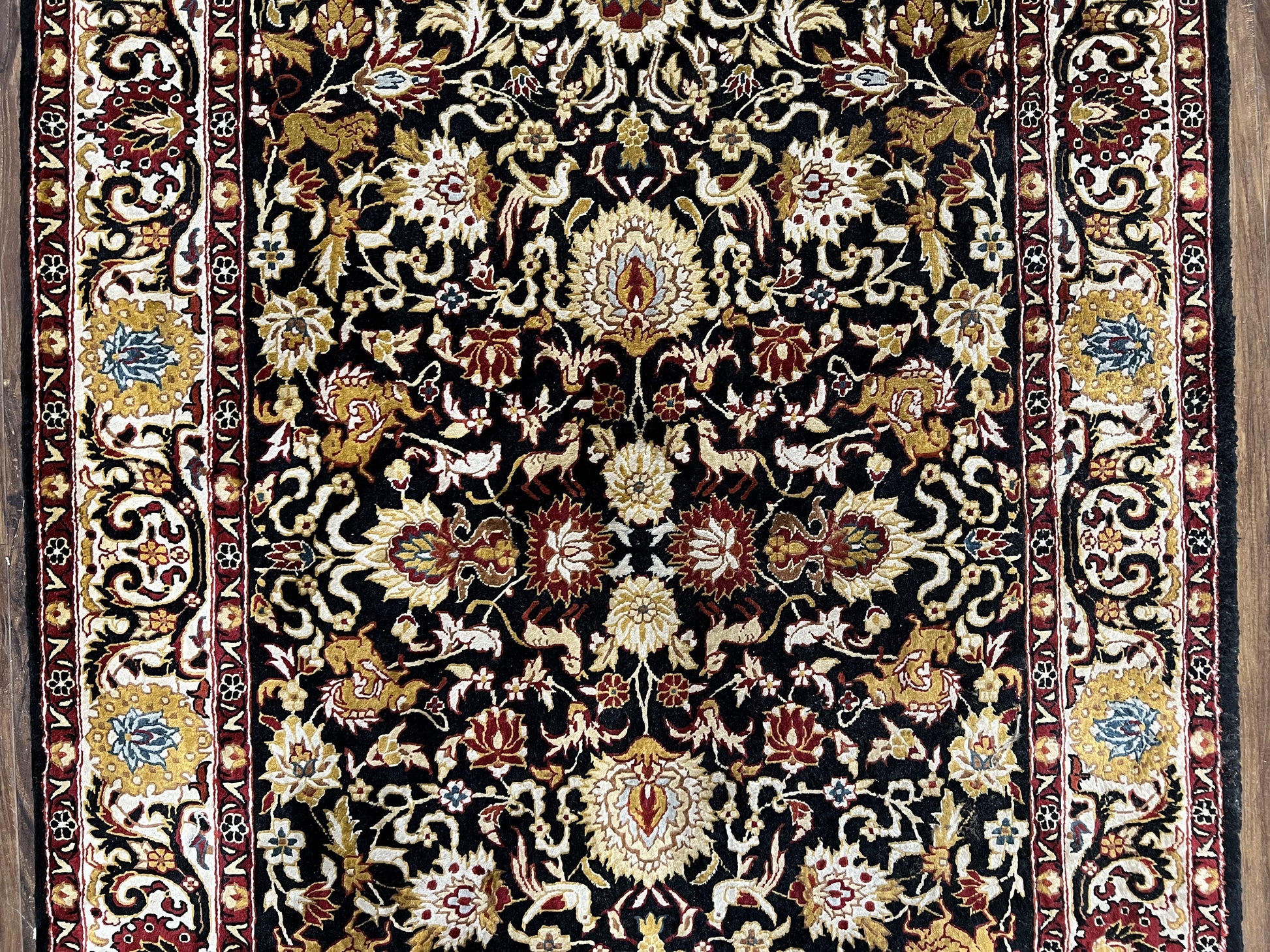 Sino Persian Silk Rug 3x5 Oriental Carpet 3 x 5 Fine Silk Rug, Black Ivory Gold, Animal Motifs, Flowers, High Quality, Vintage Silk Rug Wow - Nuvé