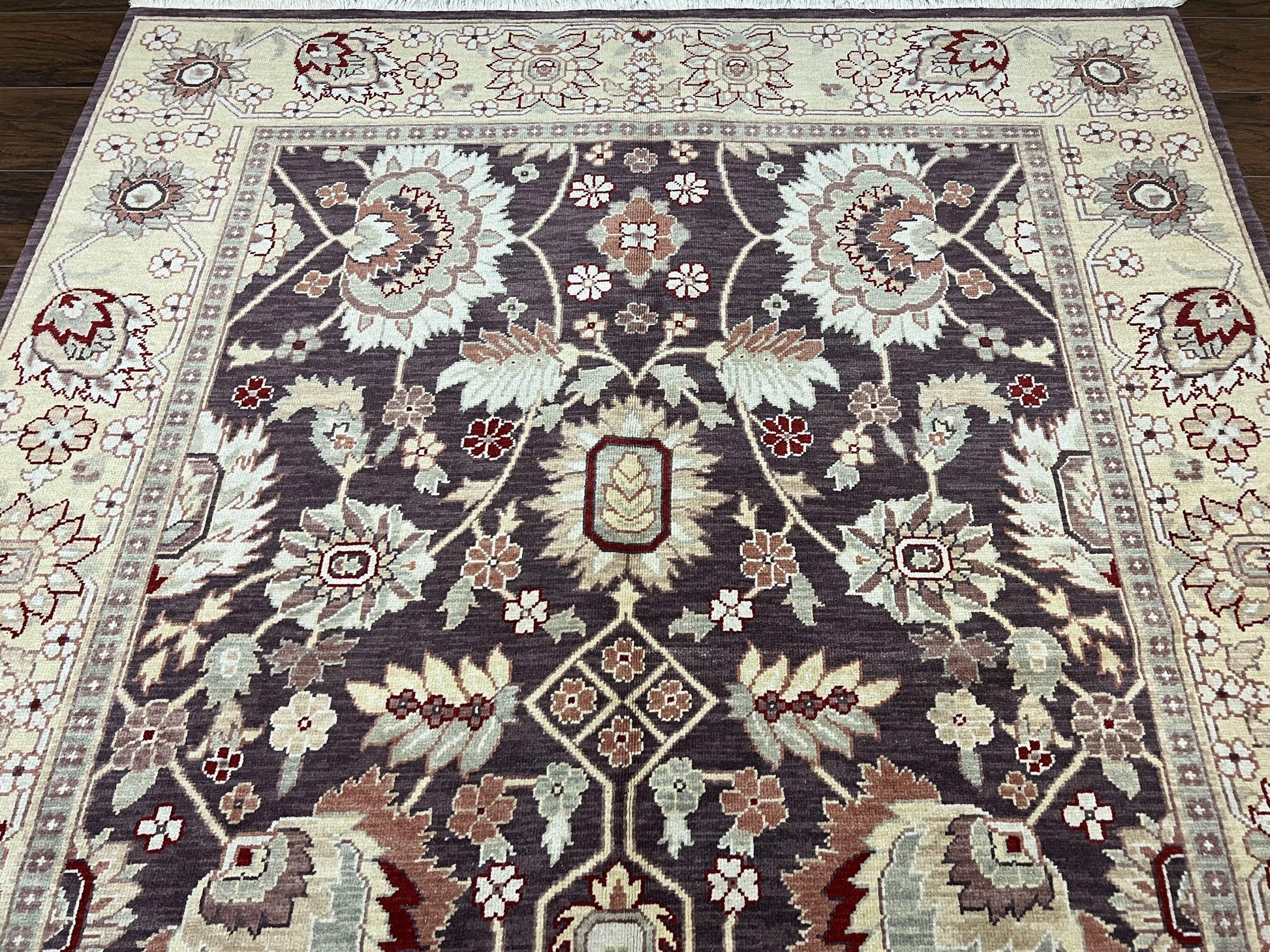 Vintage Indo Mahal Area Rug 6x9, Indian Persian Oriental Carpet 6 x 9, Puce Eggplant Tan Beige Rug, Hand-Knotted, Large Floral Design Wool - Nuvé