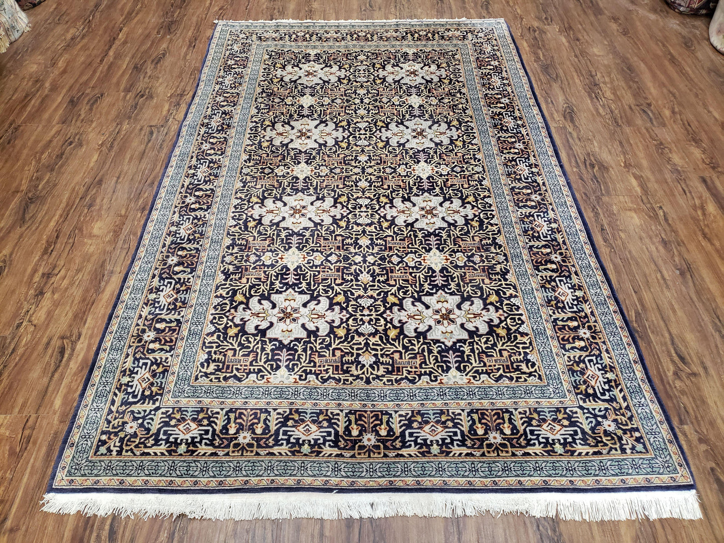 Persian Kashan Rug, Navy Blue, Hand-Knotted, Wool, 4' 8" x 7' 4", Pair A - Nuvé