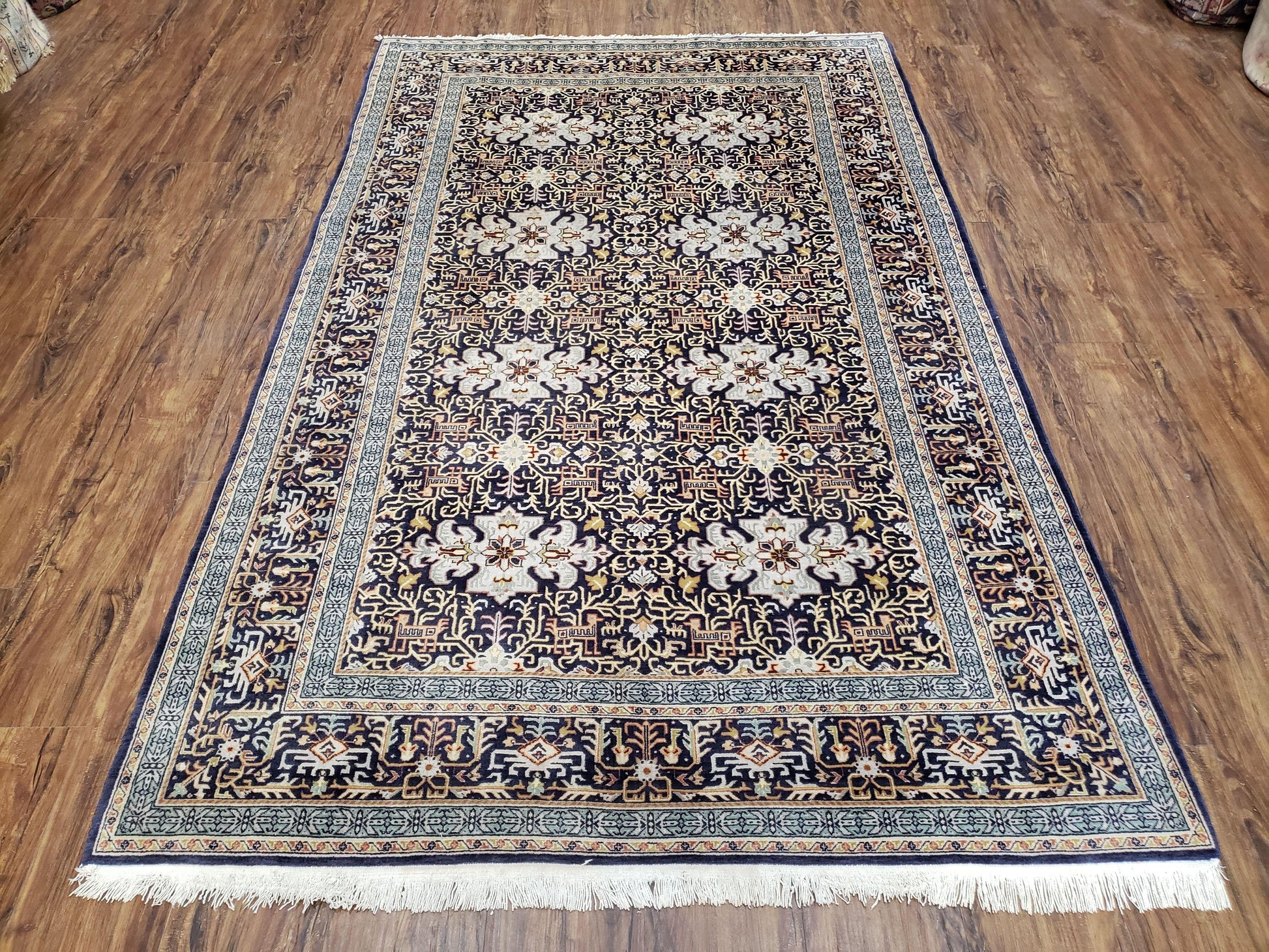 Persian Kashan Rug, Navy Blue, Hand-Knotted, Wool, 4' 8" x 7' 4", Pair A - Nuvé