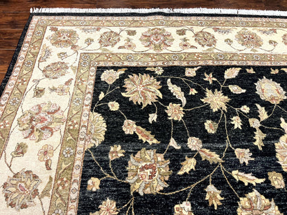 Indo Persian Rug 10x14, Charcoal and Beige, Floral Allover, Handmade Vintage Wool Carpet - Nuvé