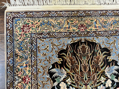 Wonderful Persian Isfahan Rug 3.7 x 5, Kork Wool on Silk Foundation, Very Fine 460 KPSI, Tree of Life Persian Vase Design Animal Pictorials Peacocks - Nuvé
