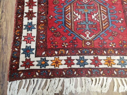 Antique Persian Heriz Karajeh Runner Rug, Red, Hand-Knotted, Wool, 3' 3" x 10' 11" - Nuvé