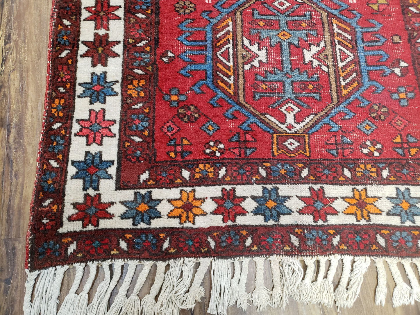 Antique Persian Heriz Karajeh Runner Rug 3x11, Hand-Knotted Red Geometric Medallions - Nuvé