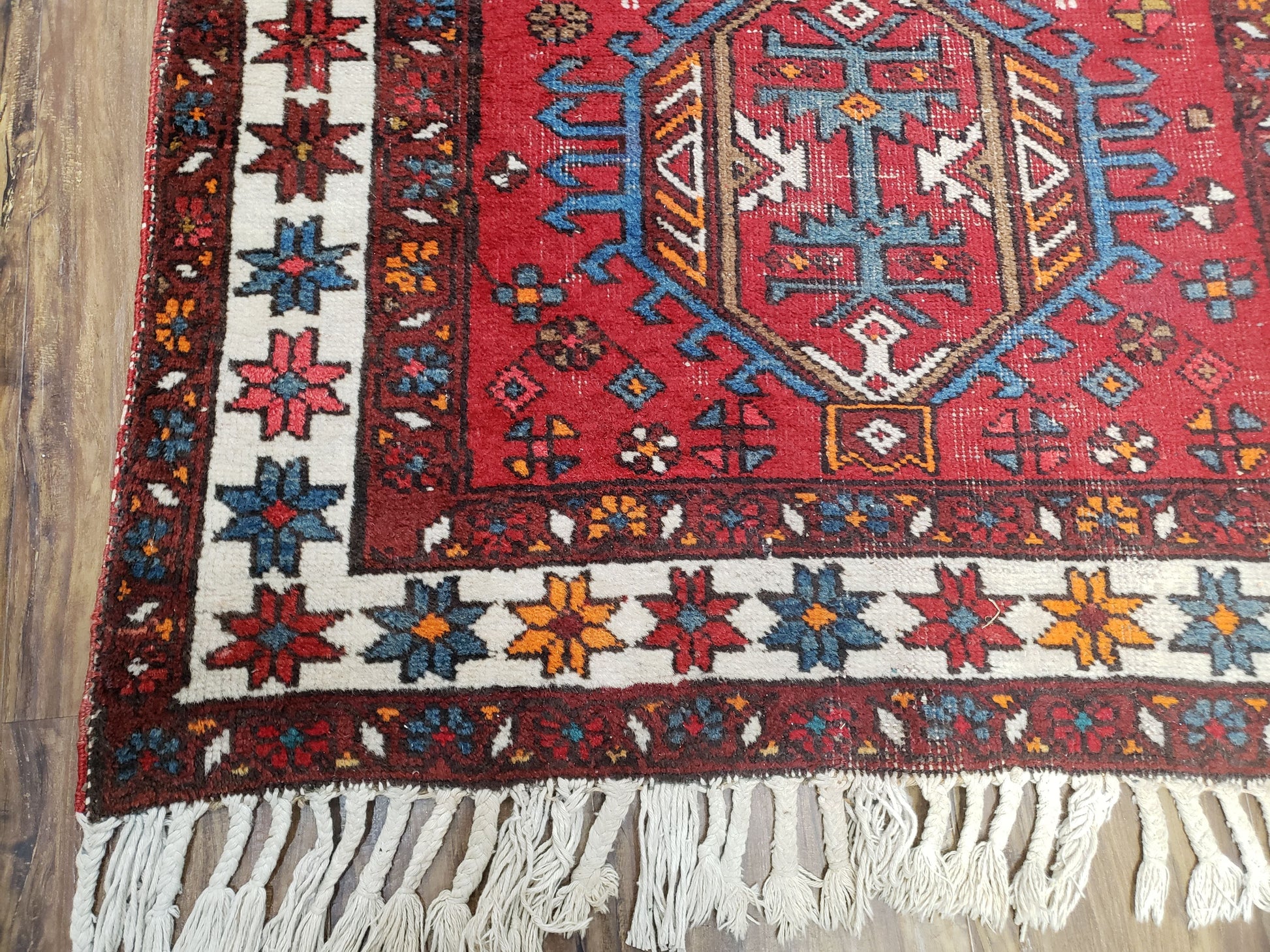 Antique Persian Heriz Karajeh Runner Rug 3x11, Hand-Knotted Red Geometric Medallions - Nuvé