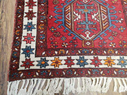 Antique Persian Heriz Karajeh Runner Rug 3x11, Hand-Knotted Red Geometric Medallions - Nuvé