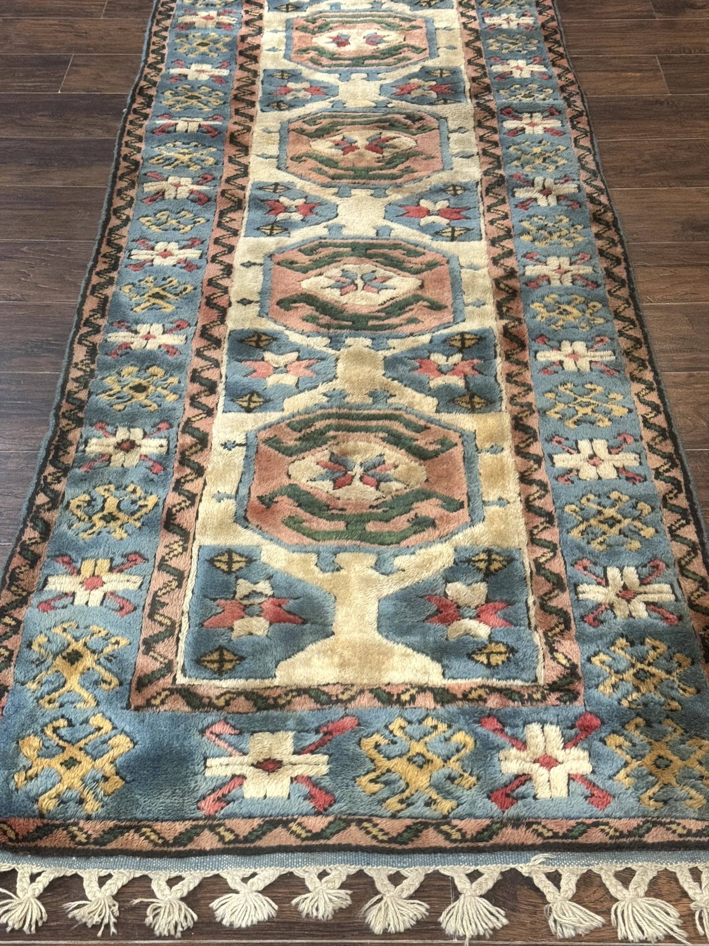 Turkish Kazak Runner Rug 3x11, Cream and Light Blue, Vintage - Nuvé
