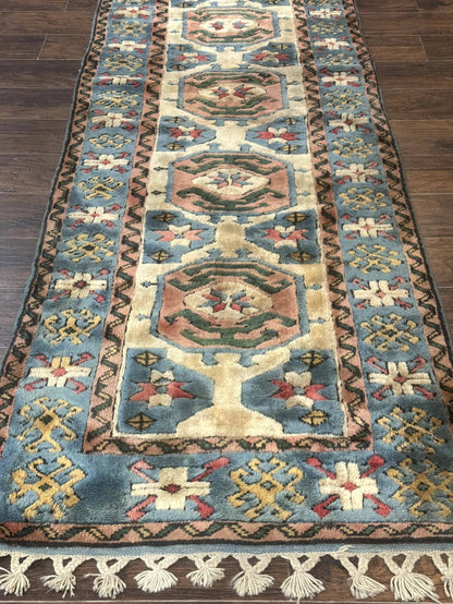 Turkish Kazak Runner Rug 3x11, Cream and Light Blue, Vintage - Nuvé