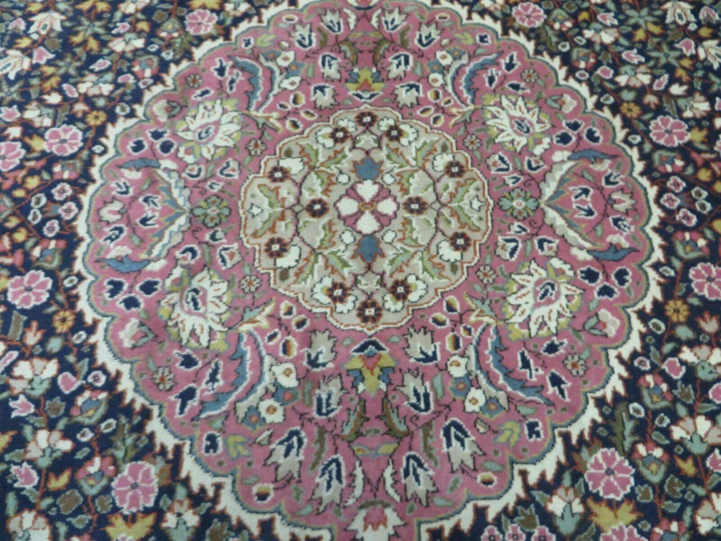 Turkish Sivas Rug 7x11, Navy Blue & Pink, Millifluer Floral Wool Carpet, Vintage - Nuvé