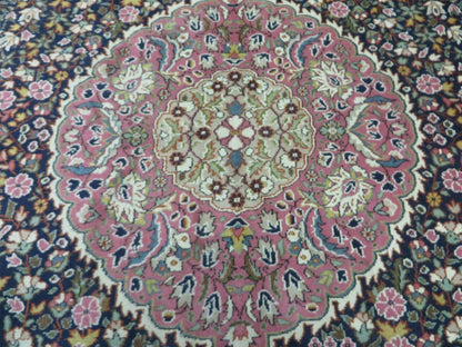 Turkish Sivas Rug 7x11, Navy Blue & Pink, Millifluer Floral Wool Carpet, Vintage - Nuvé