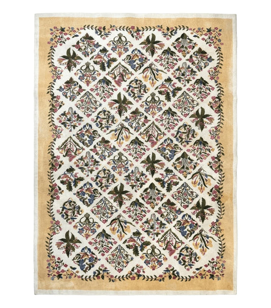 Power Loomed Rug 8x11, Ivory and Multicolor Floral Panel Pattern, Flowers, Butterflies, Vintage