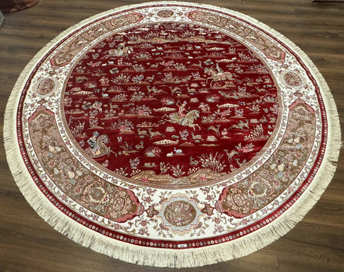 Large Round Turkish Silk Rug 8x8, Hunting Design, Dark Red & Ivory, Bamboo Silk - Nuvé