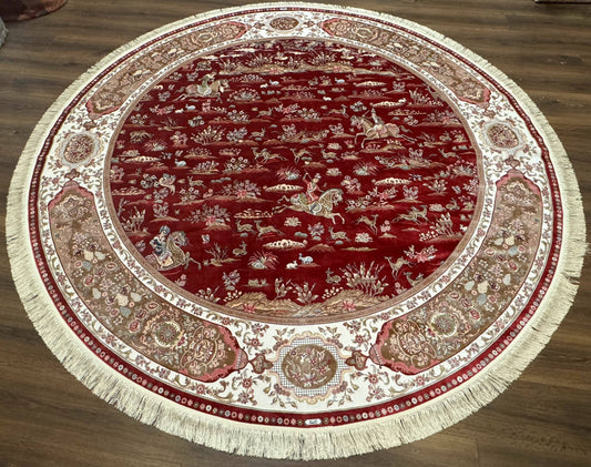 Large Round Turkish Silk Rug 8x8, Hunting Design, Dark Red & Ivory, Bamboo Silk - Nuvé
