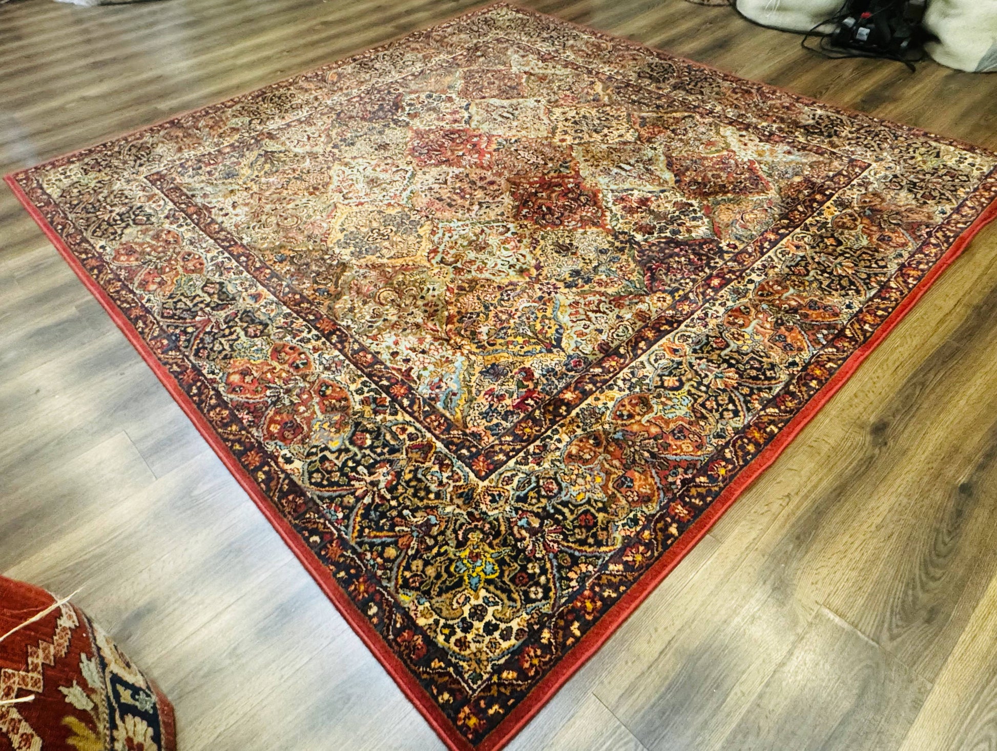 Square Karastan Multicolor Panel Kirman Rug #717, Rare Size 8.8 x 8.8, Original 700 Series, Wool - Nuvé