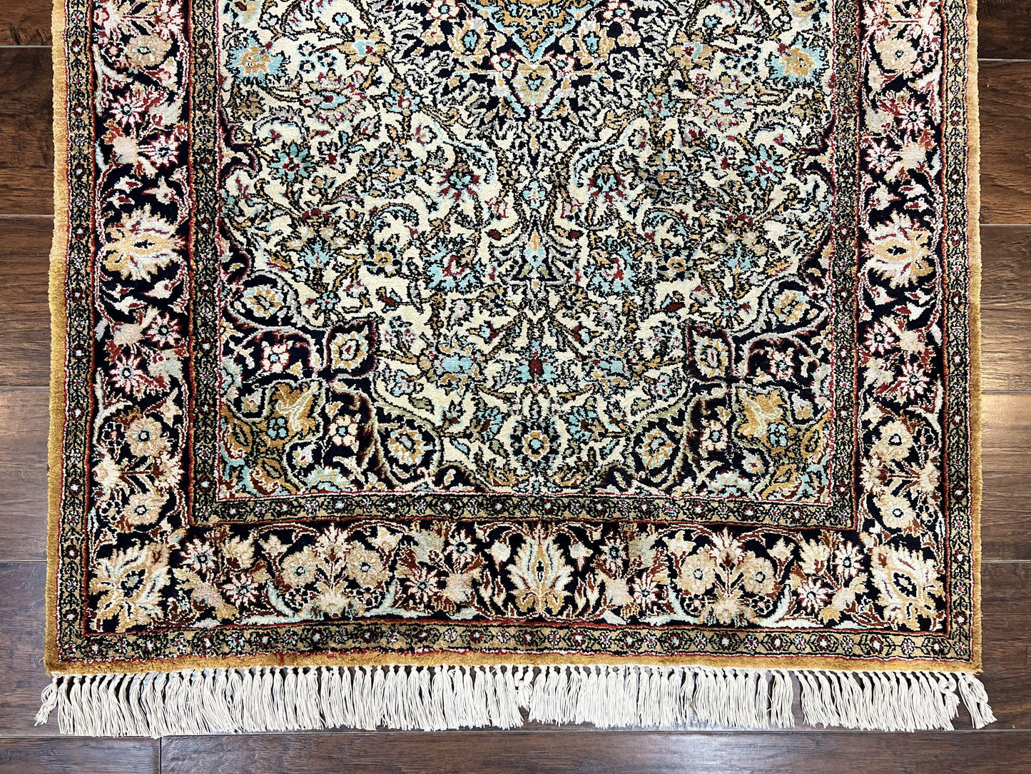 Silk Persian Qum Rug 4x5, Hand Knotted Vintage Carpet, Cream & Navy Blue, Silk Pile on Silk Foundation, Very Fine 360 KPSI - Nuvé