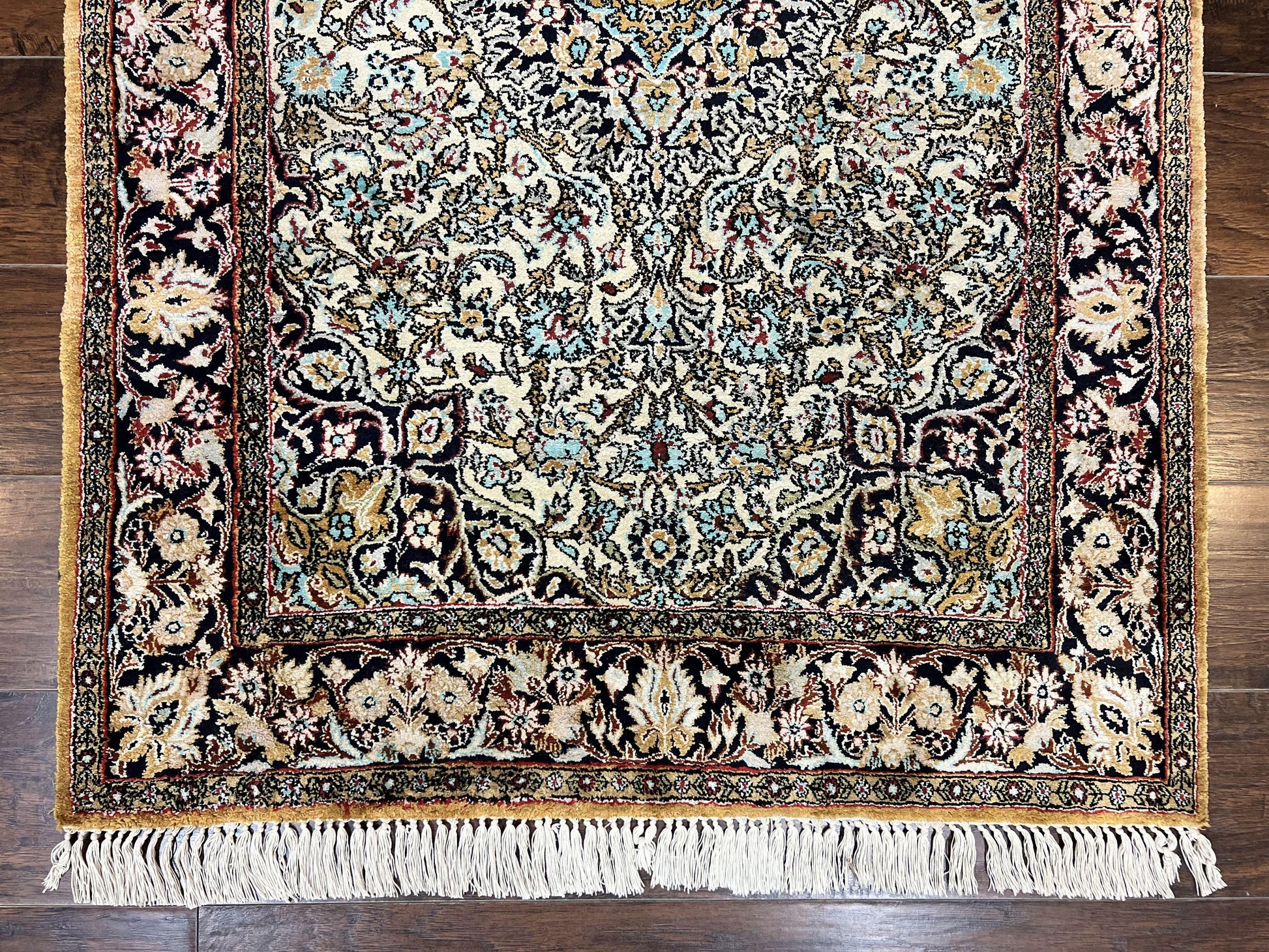 Silk Persian Qum Rug 4x5, Hand Knotted Vintage Carpet, Cream & Navy Blue, Silk Pile on Silk Foundation, Very Fine 360 KPSI - Nuvé