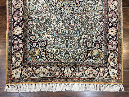Silk Persian Qum Rug 4x5, Hand Knotted Vintage Carpet, Cream & Navy Blue, Silk Pile on Silk Foundation, Very Fine 360 KPSI - Nuvé