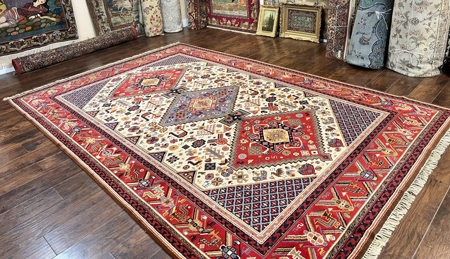 Belgium Power Loomed Rug 8x12, Geometric Medallions Persian Tribal Pattern, Vintage Wool Carpet, Ivory Red Blue - Nuvé