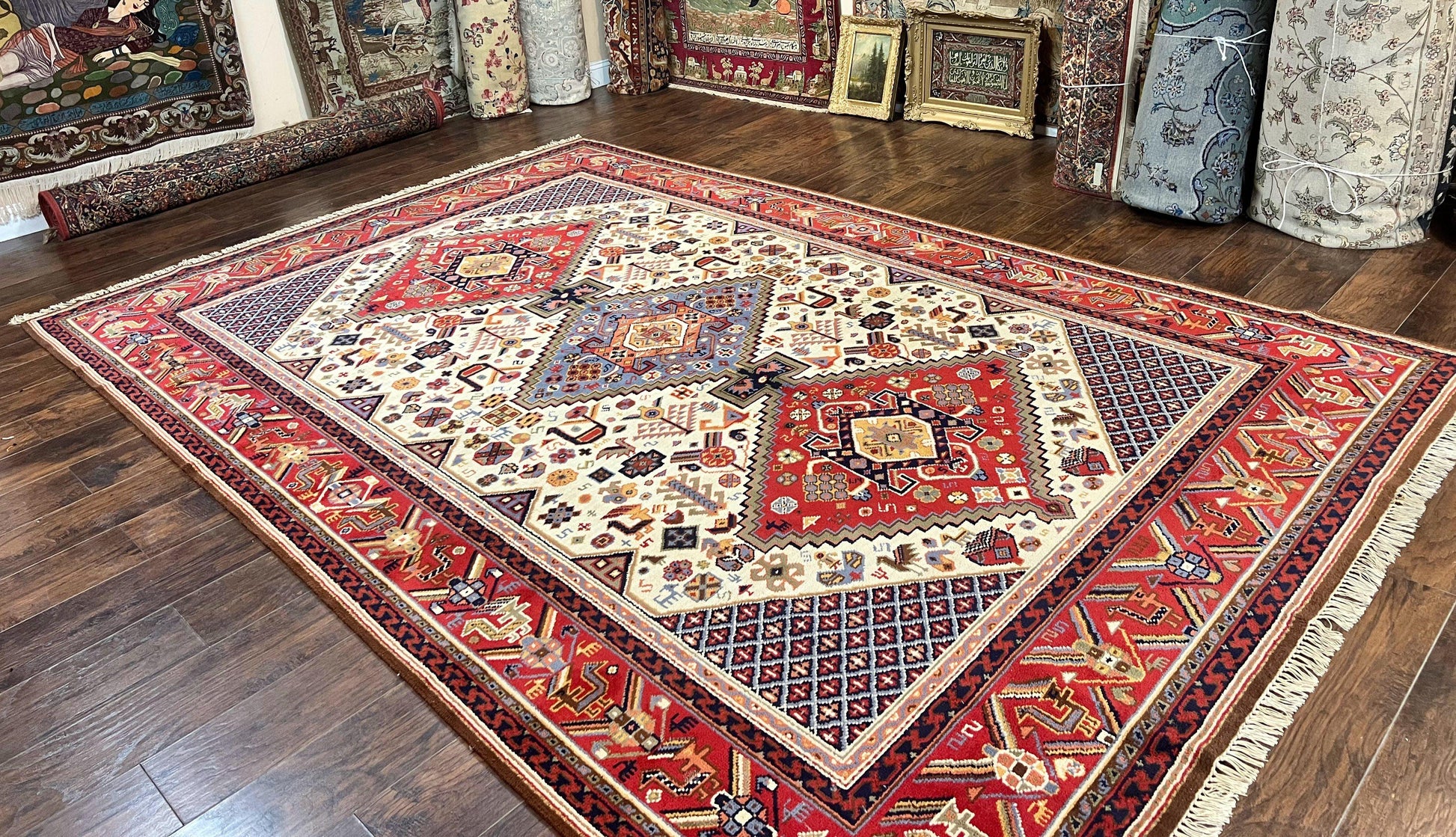 Belgium Power Loomed Rug 8x12, Geometric Medallions Persian Tribal Pattern, Vintage Wool Carpet, Ivory Red Blue - Nuvé