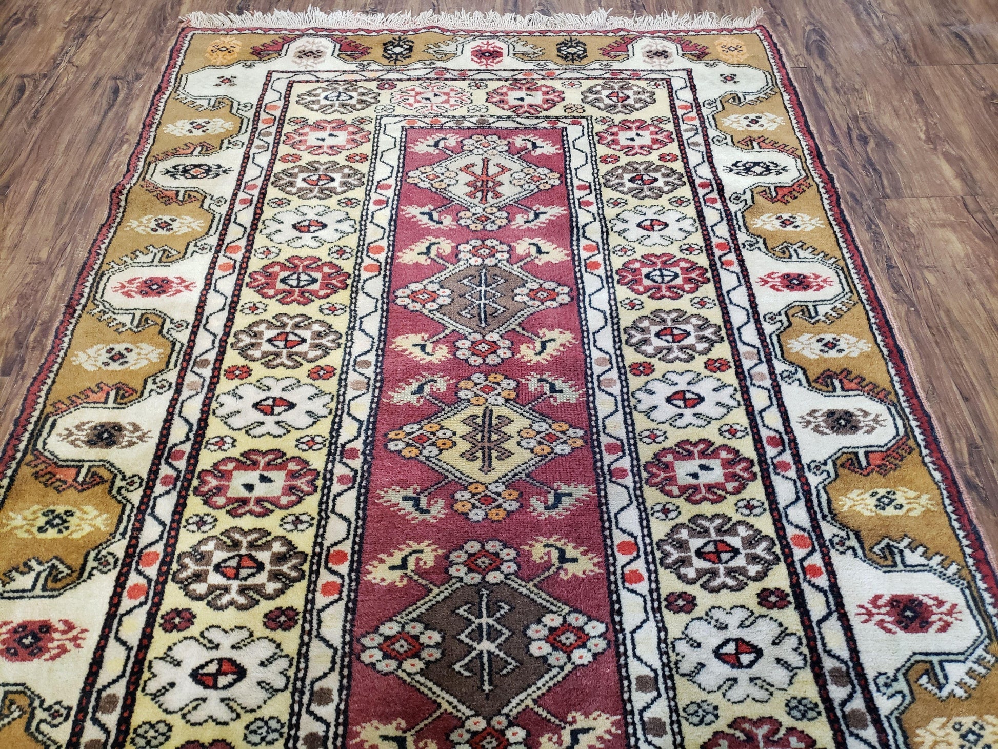 Turkish Caucasian Rug 4x7, Vintage Hand-Knotted Wool Turkish Talish Carpet 4 x 7, Cream, Burnt Orange Carmine Red Area Rug, Bohemian Rug - Nuvé