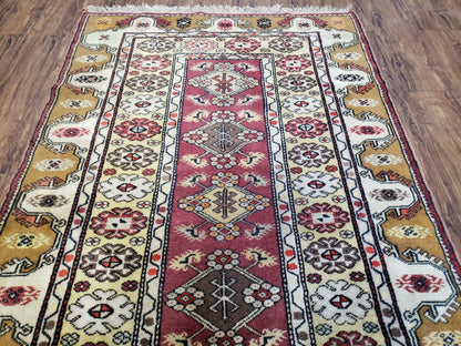 Turkish Caucasian Rug 4x7, Vintage Hand-Knotted Wool Turkish Talish Carpet 4 x 7, Cream, Burnt Orange Carmine Red Area Rug, Bohemian Rug - Nuvé