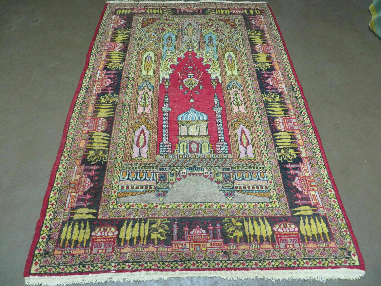 4' X 6' Antique 1920s Handmade Turkish Mehrab Design Wool Rug Lantern Beautiful - Nuvé