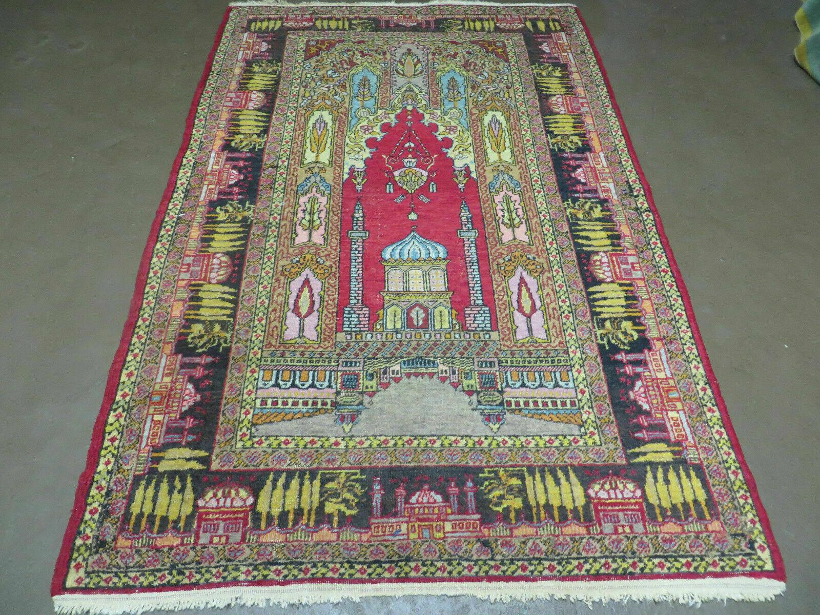 4' X 6' Antique 1920s Handmade Turkish Mehrab Design Wool Rug Lantern Beautiful - Nuvé