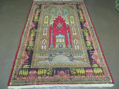 4' X 6' Antique 1920s Handmade Turkish Mehrab Design Wool Rug Lantern Beautiful - Nuvé