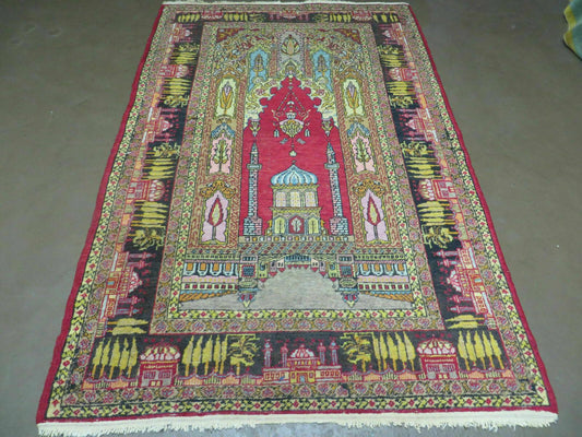 4' X 6' Antique 1920s Handmade Turkish Mehrab Design Wool Rug Lantern Beautiful - Nuvé