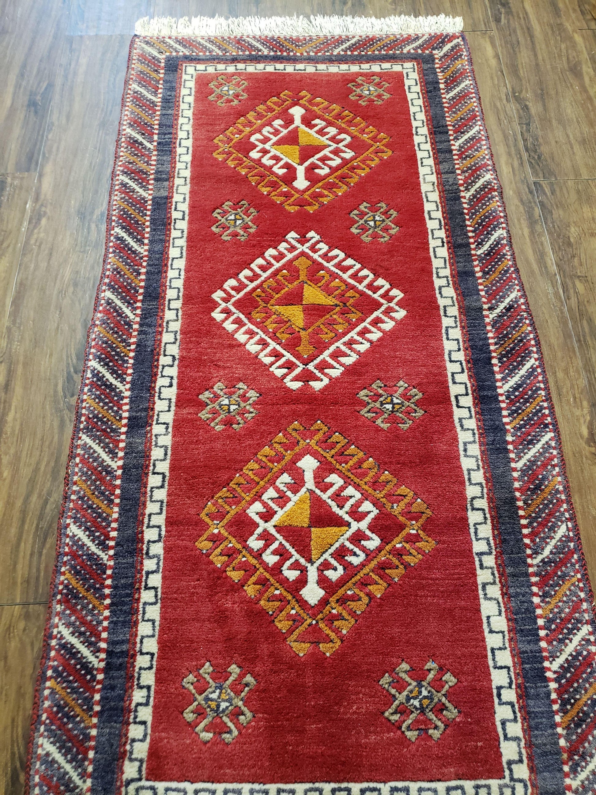 Vintage Turkish Kazak Rug 2.5 x 5 Red Wool Carpet Medallions Runner Geometric - Nuvé