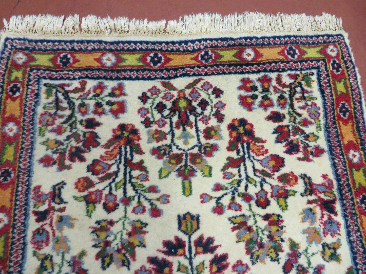 Small Persian Rug 2 x 3, Tiny Persian Sarouk Carpet, Cream Navy Blue Red, Floral Medallion, Vintage Wool Rug, Handmade Hand-Knotted Oriental Rug - Nuvé