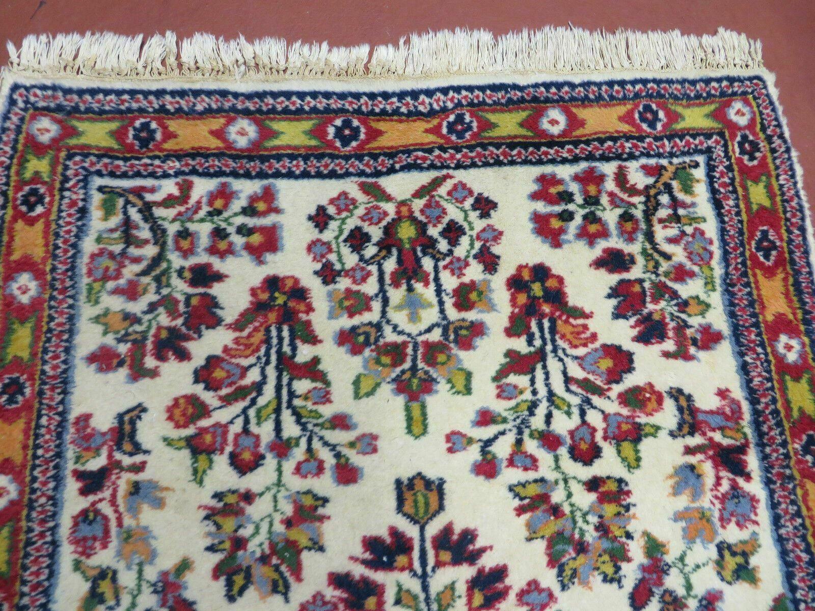 Small Persian Rug 2 x 3, Tiny Persian Sarouk Carpet, Cream Navy Blue Red, Floral Medallion, Vintage Wool Rug, Handmade Hand-Knotted Oriental Rug - Nuvé