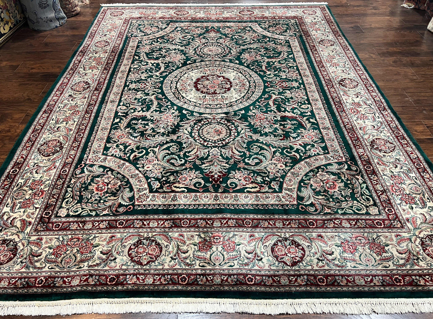 Pak Persian Rug 9x12, Dark Green and Cream, Floral Medallion, Elegant Handmade Wool Carpet 9 x 12 - Nuvé