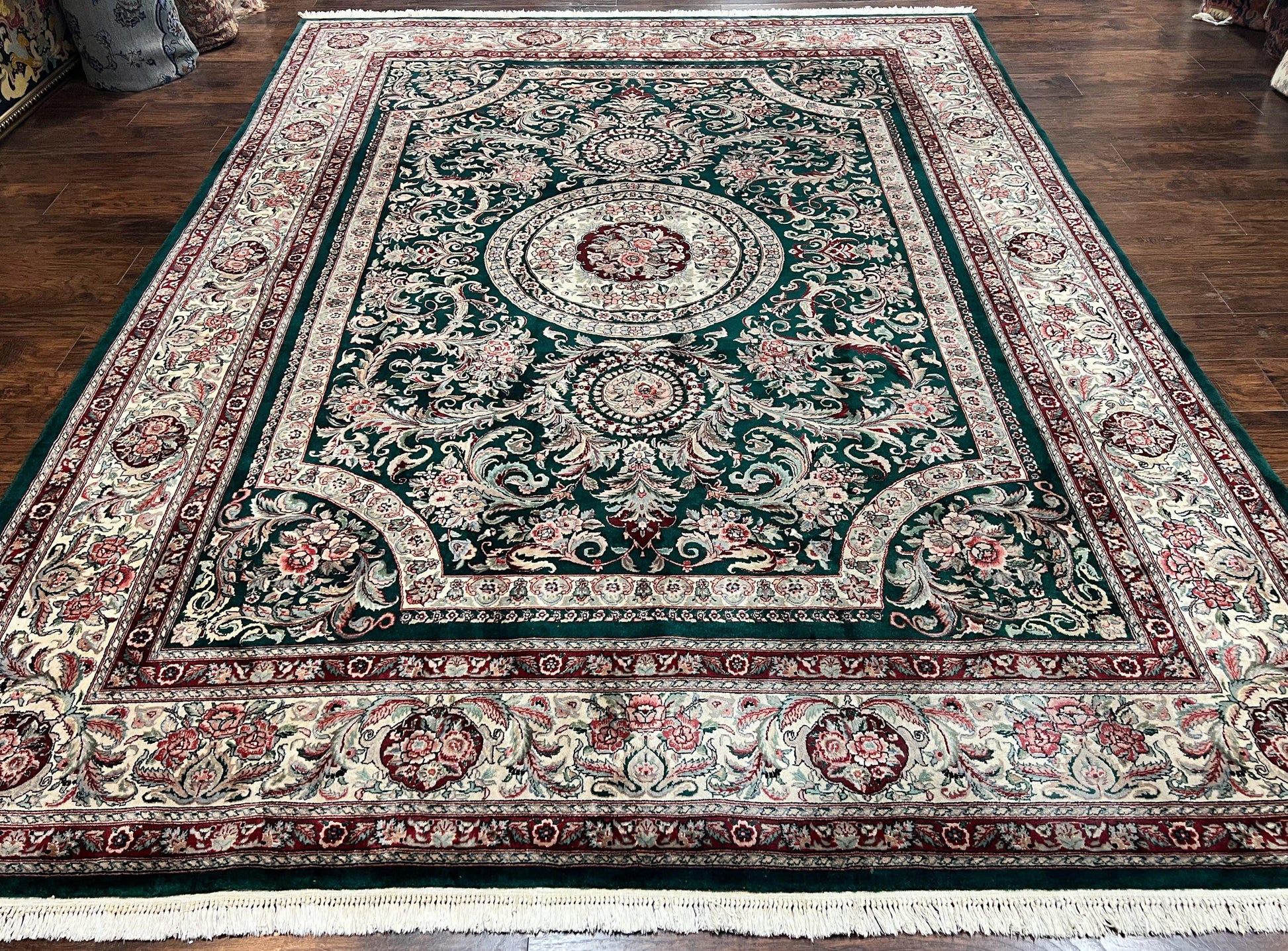 Pak Persian Rug 9x12, Dark Green and Cream, Floral Medallion, Elegant Handmade Wool Carpet 9 x 12 - Nuvé