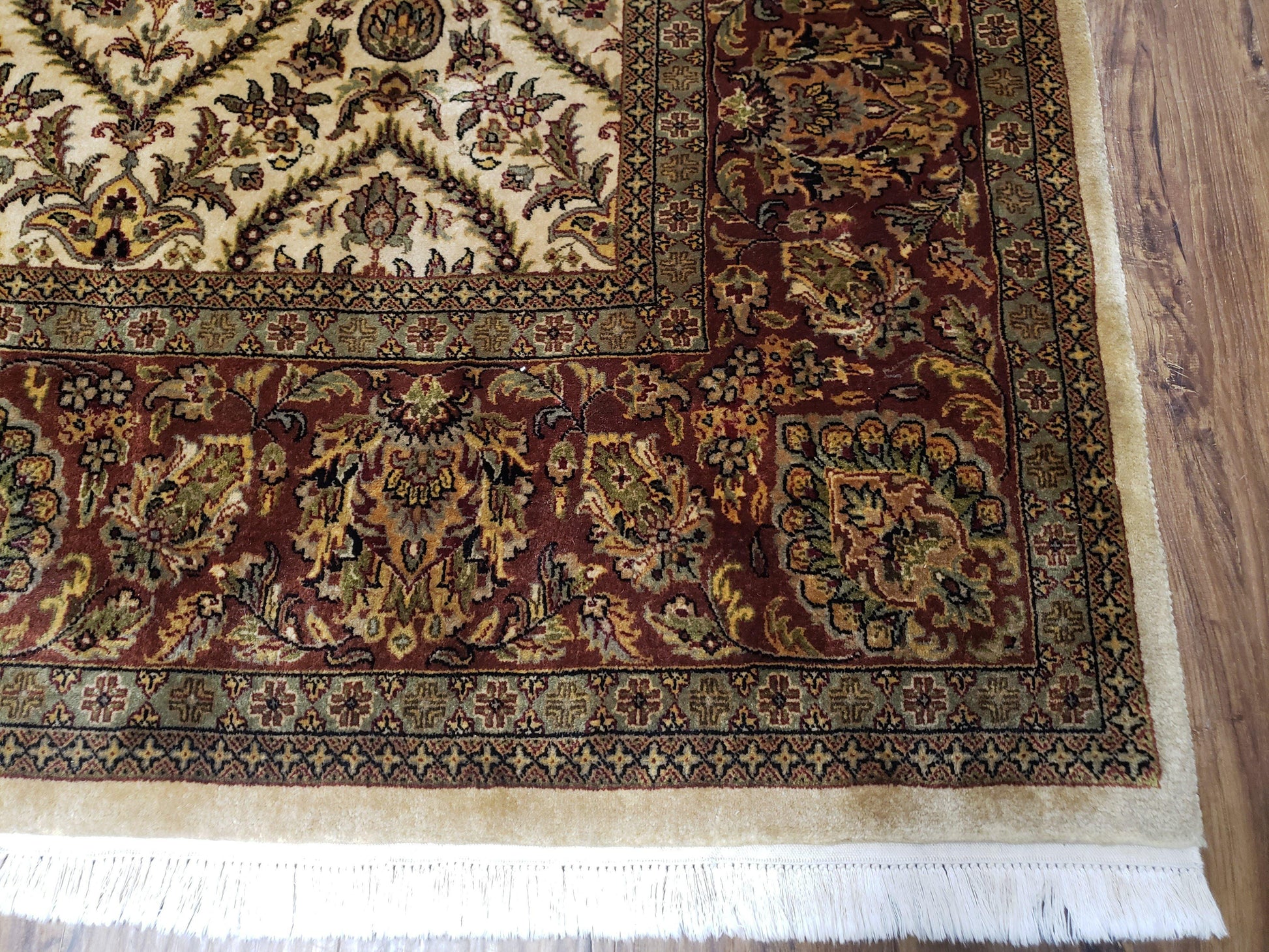 Vintage Indo Persian Area Rug 9x12, Wool Hand-Knotted Ivory & Dark Red Oriental Carpet, Fine Weave 9 x 12 Indian Rug, Dining Room Rug - Nuvé