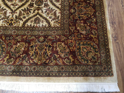 Vintage Indo Persian Area Rug 9x12, Wool Hand-Knotted Ivory & Dark Red Oriental Carpet, Fine Weave 9 x 12 Indian Rug, Dining Room Rug - Nuvé