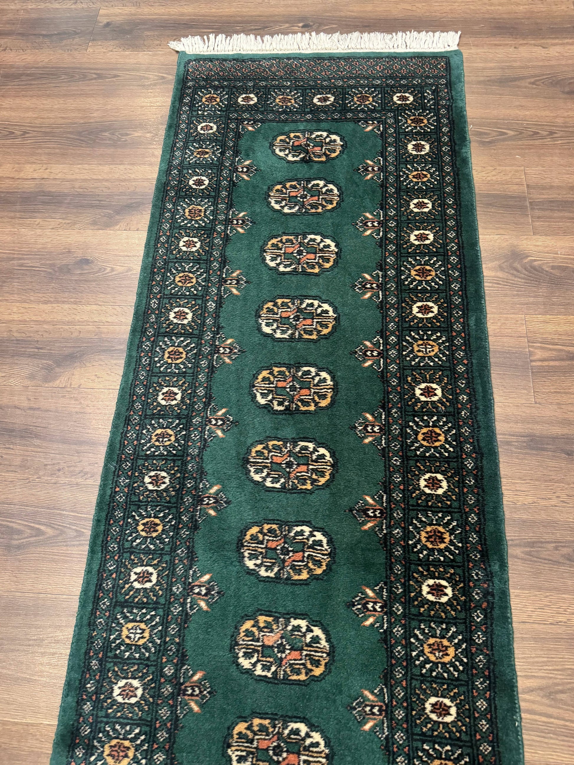 Pakistani Bokhara Runner Rug 2.5 x 11, Green Turkoman Wool Runner for Hallway - Nuvé