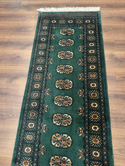 Pakistani Bokhara Runner Rug 2.5 x 11, Green Turkoman Wool Runner for Hallway - Nuvé