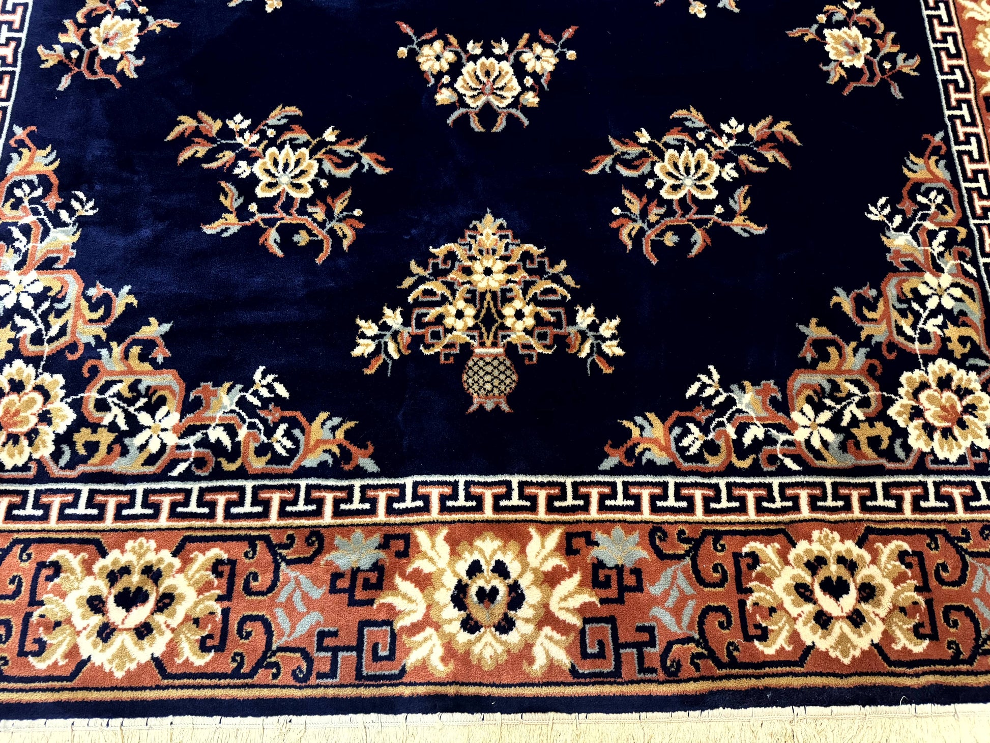 Chinese Wool Rug 8x11, Navy Blue and Terracotta, Floral, Couristan Belgium Power Loomed Carpet - Nuvé