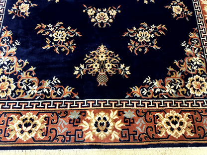 Chinese Wool Rug 8x11, Navy Blue and Terracotta, Floral, Couristan Belgium Power Loomed Carpet - Nuvé