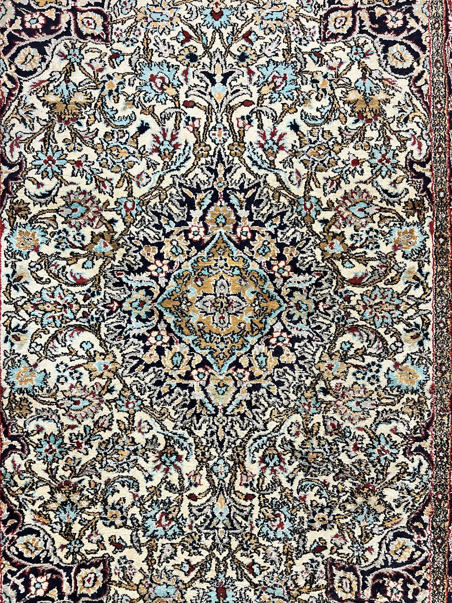 Silk Persian Qum Rug 4x5, Hand Knotted Vintage Carpet, Cream & Navy Blue, Silk Pile on Silk Foundation, Very Fine 360 KPSI - Nuvé