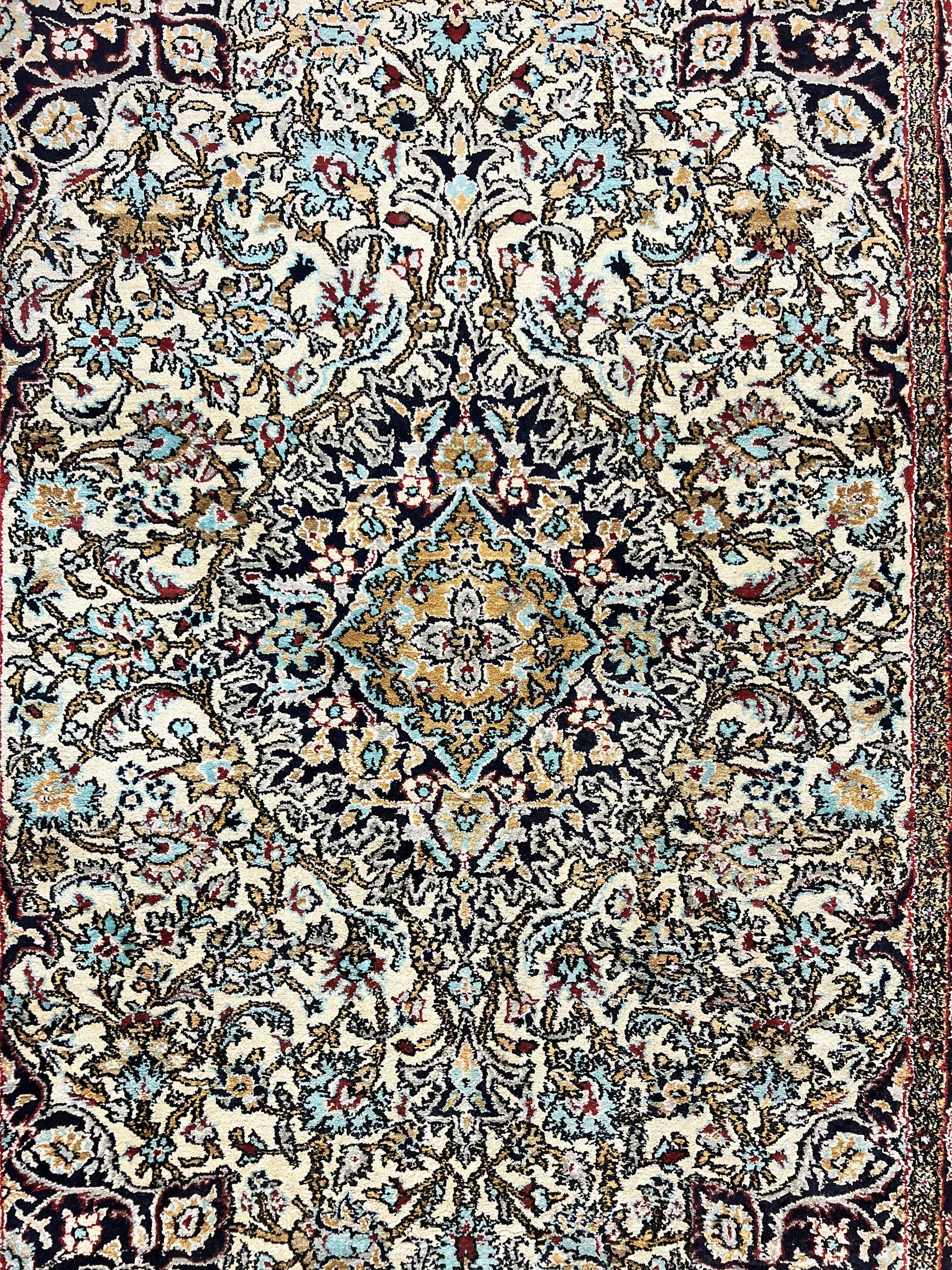 Silk Persian Qum Rug 4x5, Hand Knotted Vintage Carpet, Cream & Navy Blue, Silk Pile on Silk Foundation, Very Fine 360 KPSI - Nuvé