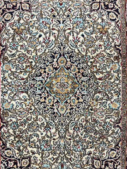 Silk Persian Qum Rug 4x5, Hand Knotted Vintage Carpet, Cream & Navy Blue, Silk Pile on Silk Foundation, Very Fine 360 KPSI - Nuvé