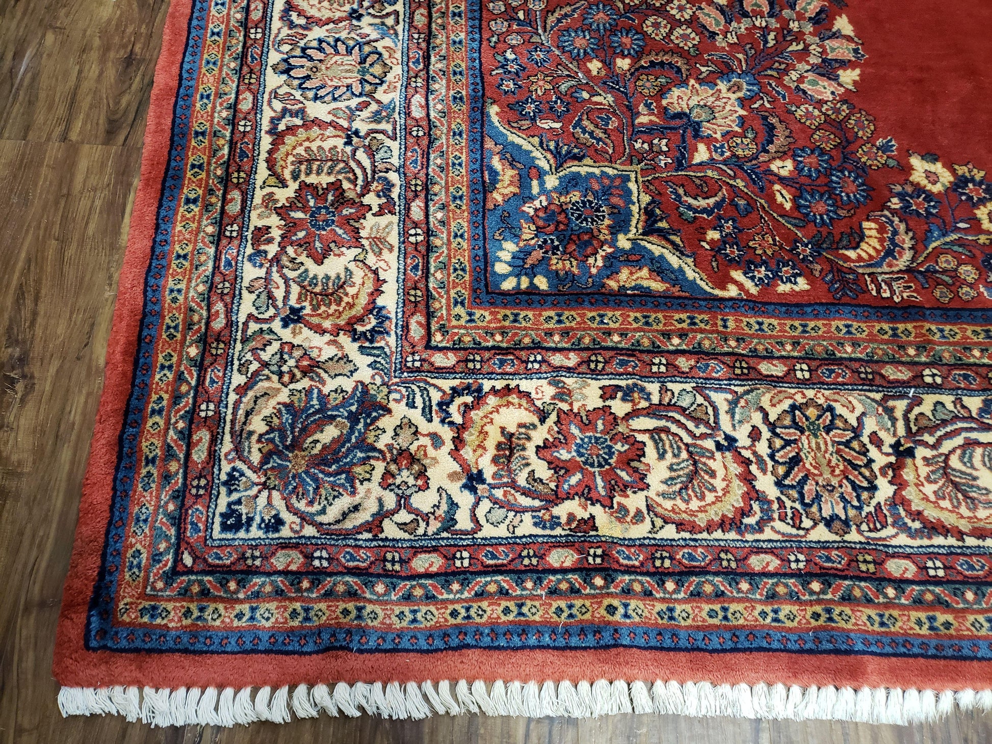 Semi Antique Persian Sarouk Rug 9x12,  Semi Open Field with Central Medallion, Hand Knotted Wool, Tomato Red, 9 x 12 Authentic Oriental Carpet - Nuvé