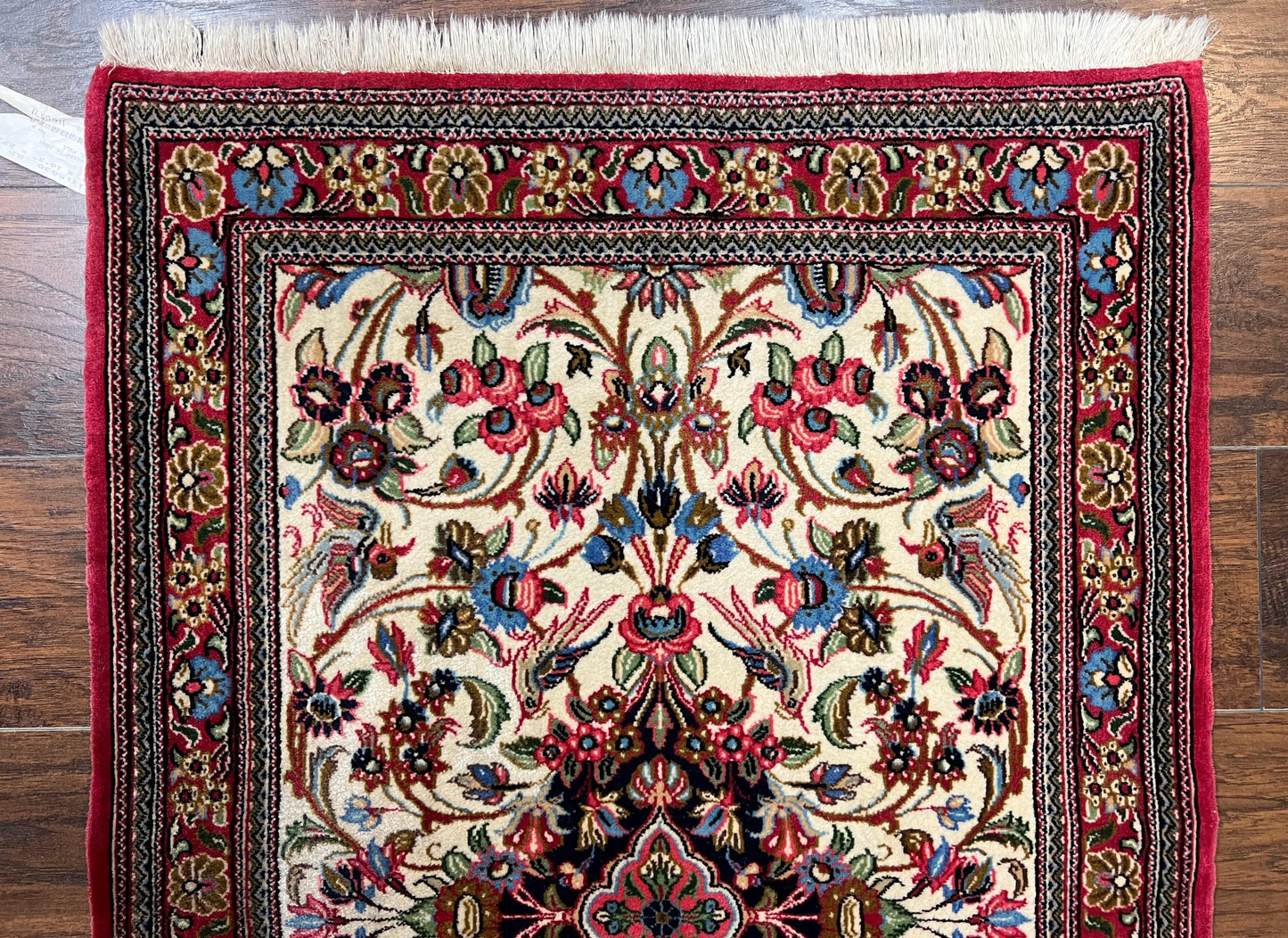 Wonderful Persian Qum Runner Rug 2.8 x 10 ft, Floral Medallions with Bird Motifs, Hand Knotted Wool Fine Oriental 10ft Hallway Runner, Cream Red - Nuvé