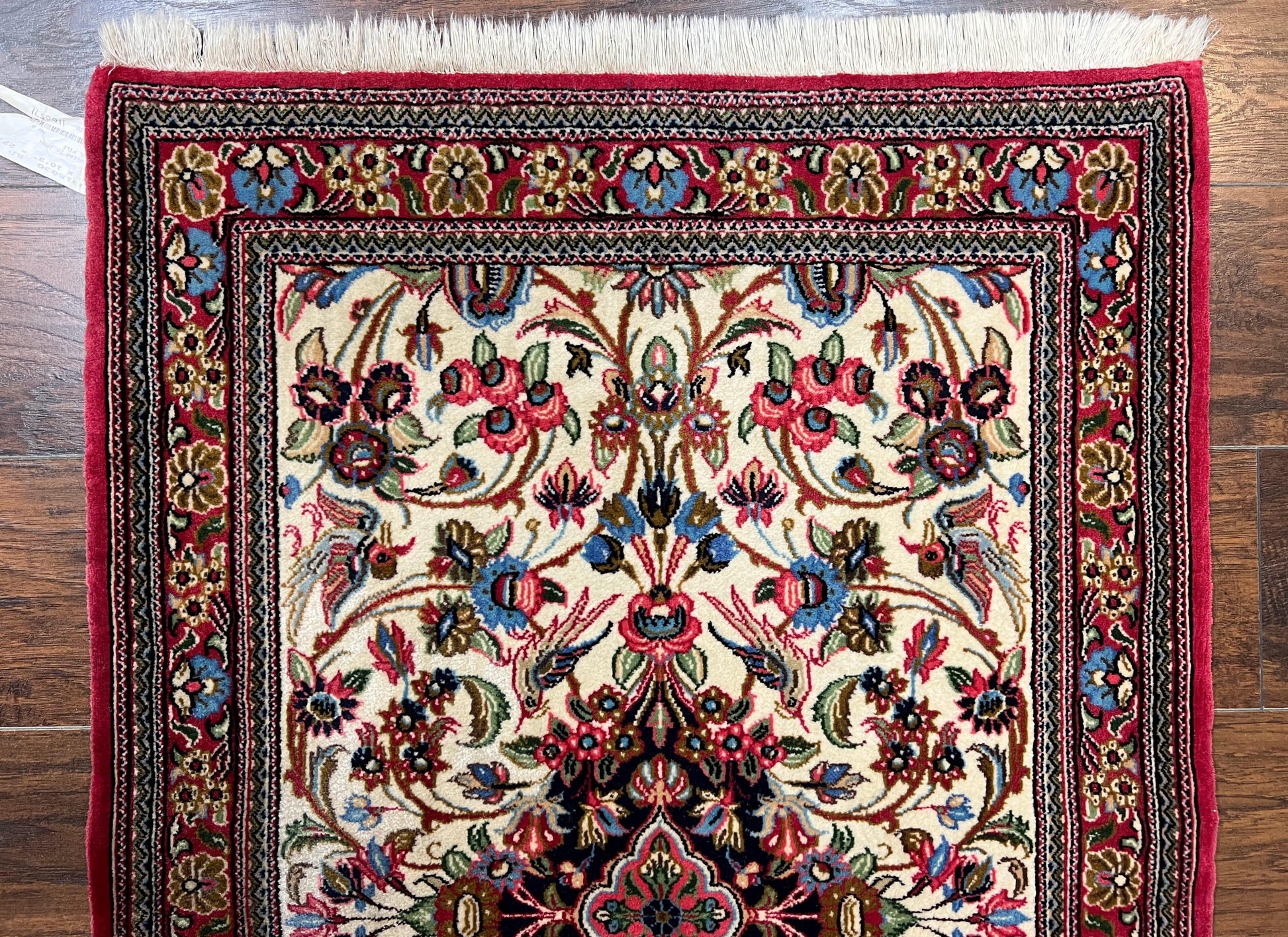 Wonderful Persian Qum Runner Rug 2.8 x 10 ft, Floral Medallions with Bird Motifs, Hand Knotted Wool Fine Oriental 10ft Hallway Runner, Cream Red - Nuvé